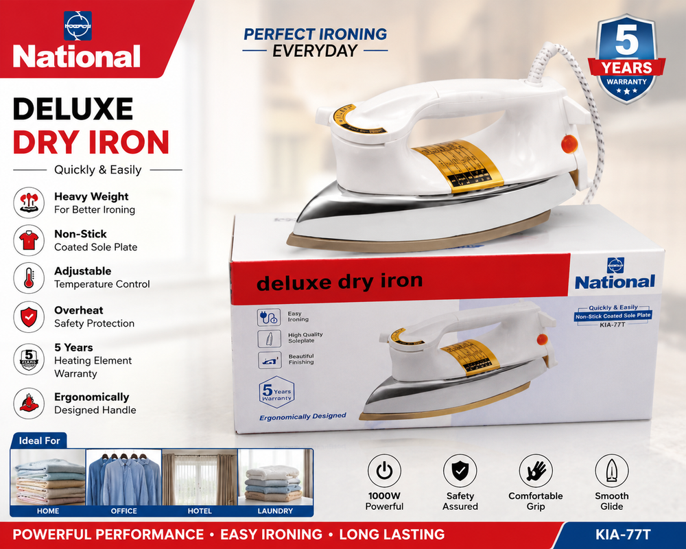National Deluxe Dry Iron KIA-77T – 1000W Heavy Weight Non-Stick Soleplate