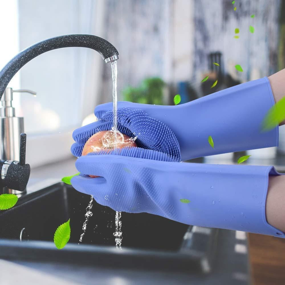 Silicone Dishwashing & Cleaning Pair Gloves – Food-Grade Scrubber Gloves for Kitchen, Bathroom & More