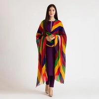 Unstitched 3-Piece Katan Silk Suit – Solid Shirt & Trouser with Multi-Color Organza Chunri Dupatta | Women's Festive Wear