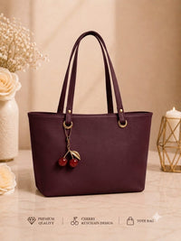 Cherry Charm Women's Tote Bag – Dual Zip Compartments, Back Pocket & Inner Pocket | Stylish Everyday Shoulder Bag