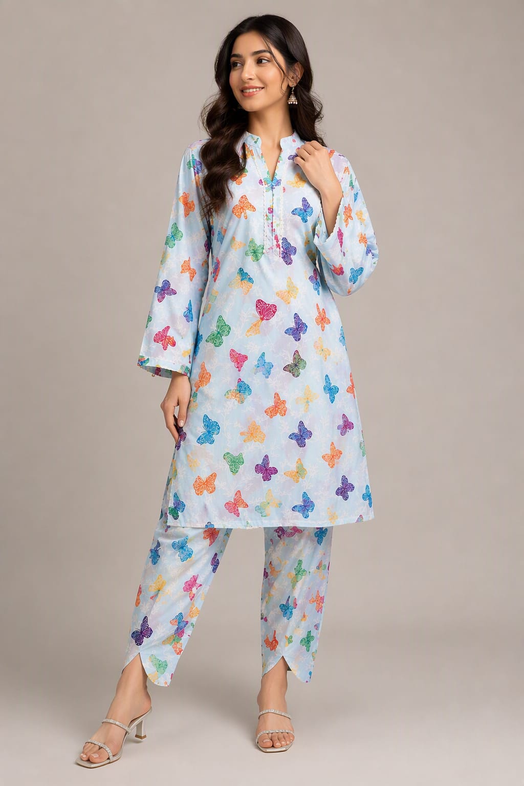 Digital Print Polo Cotton 2-Piece Suit for Girls – Butterfly Printed Shirt & Trouser Set | Casual & Party Wear