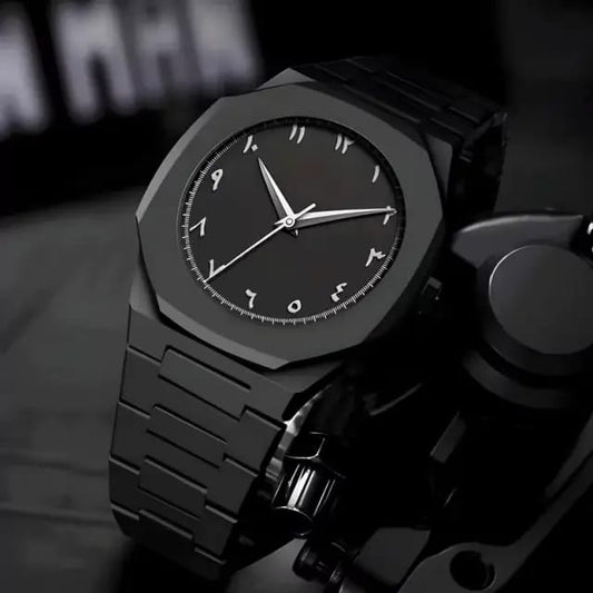 Black Minimalist Analog Aura Watch – Stainless Steel Strap & Butterfly Lock | Elegant Everyday & Formal Wristwatch