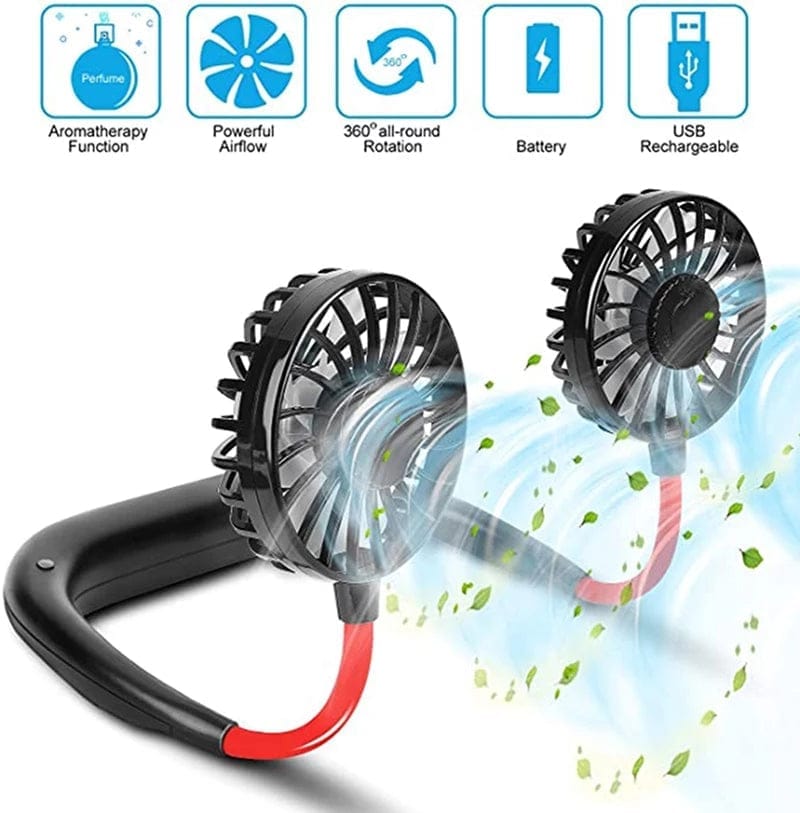 Portable Neck Fan – 360° Hanging Neck Sports Fan | USB Rechargeable Wearable Cooling Fan for Travel, Office & Outdoor (Random Color)