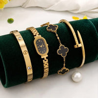Stainless Steel 4-Piece Bracelet, Watch & Bangle Combo Set – Elegant Daily Outfit Jewelry for Women