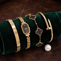 Stainless Steel 4-Piece Bracelet, Watch & Bangle Combo Set – Elegant Daily Outfit Jewelry for Women