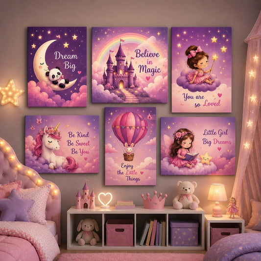 6 Pcs Fairy Tale Kids Wall Art Tiles – Unicorns, Castles & Stars | Sticky Removable Wall Decor for Nursery, Playroom & Bedroom (8x11 Inches)